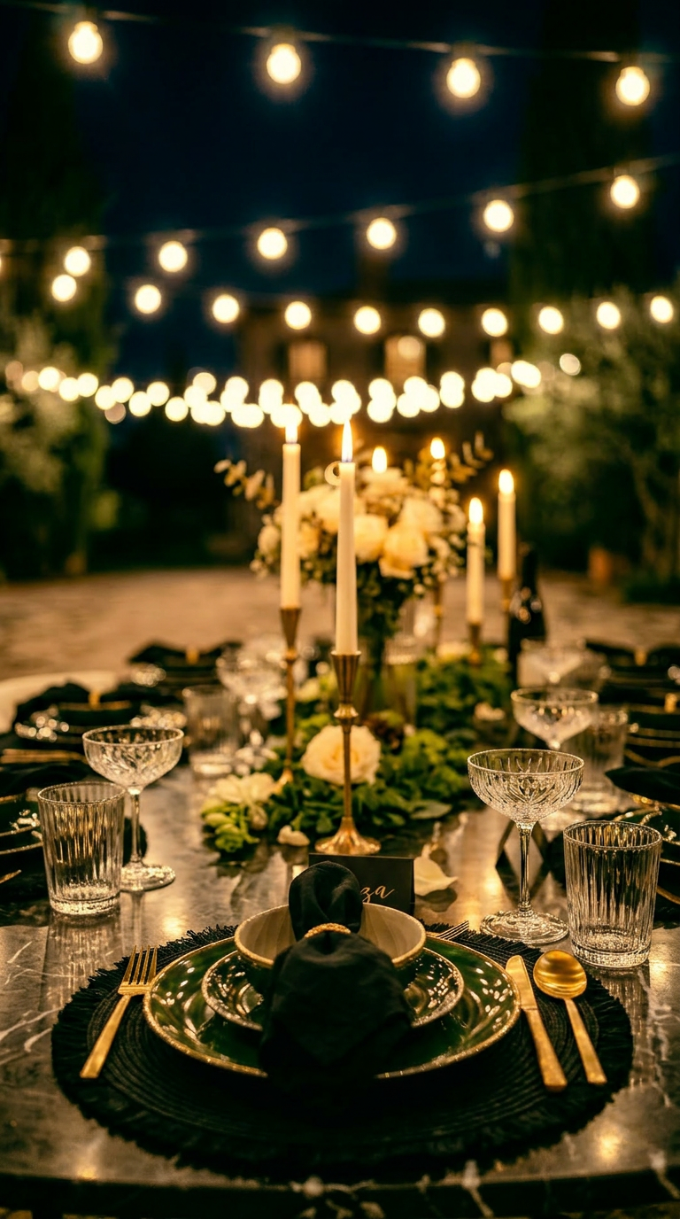 A garden tablescape at golden hour, set with linen, candles, and abundant florals