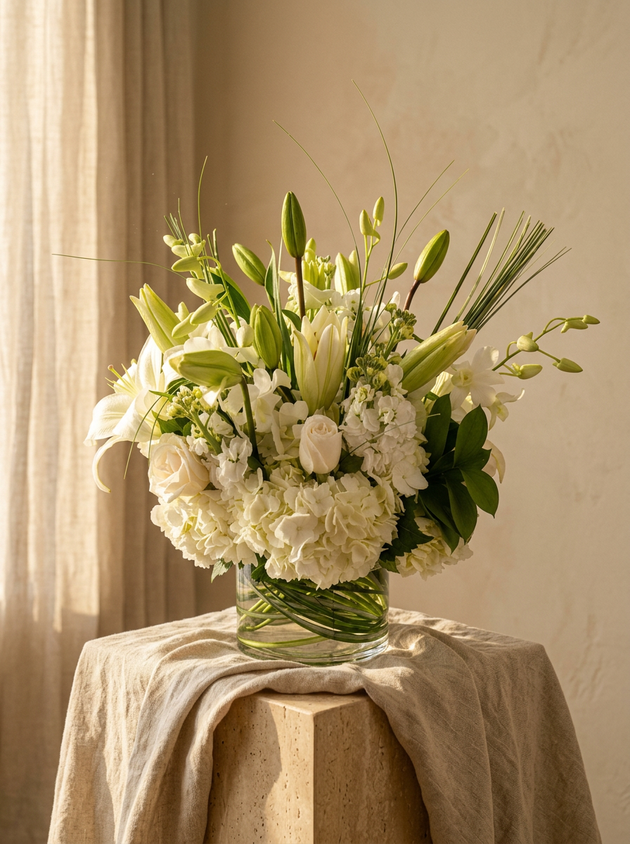 A sculptural floral arrangement on a travertine pedestal